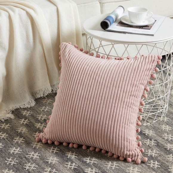 2 Blush Pink Corduroy Luxury Velvet Pompom Bed/Sofa Throw...